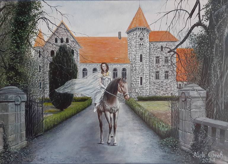 Original Landscape Painting by Oleh Dobroskokov  Illustration Art on Canvas  Horsewoman