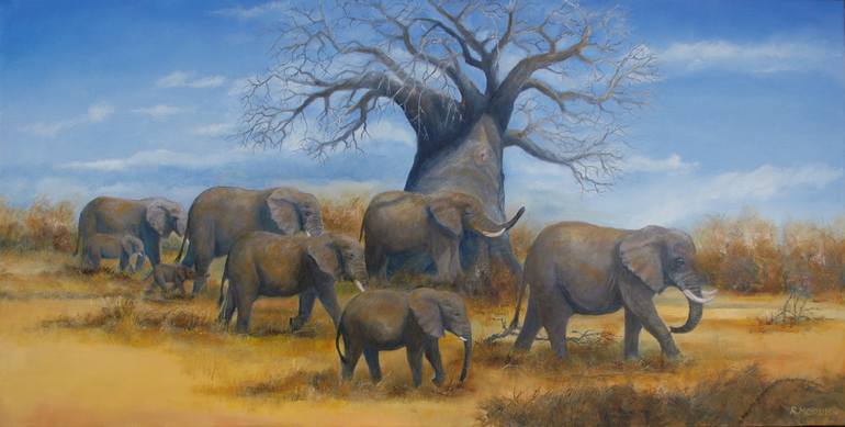 Baobab and Elephants Painting by Richard Morris | Saatchi Art