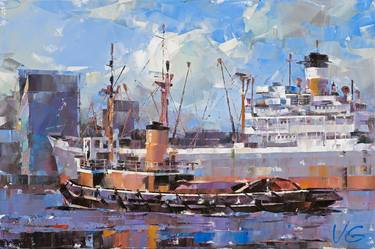 Cargo Ship CITY OF SWANSEA & Tug Boat FIGHTING COCK Oil Painting thumb