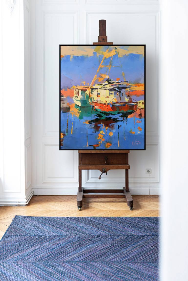 Original Impressionism Boat Painting by Volodymyr Glukhomanyuk