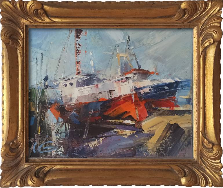 Original Abstract Expressionism Boat Painting by Volodymyr Glukhomanyuk