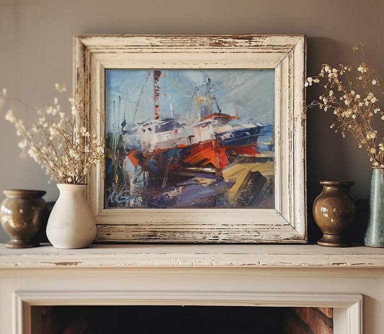 Original Abstract Expressionism Boat Painting by Volodymyr Glukhomanyuk