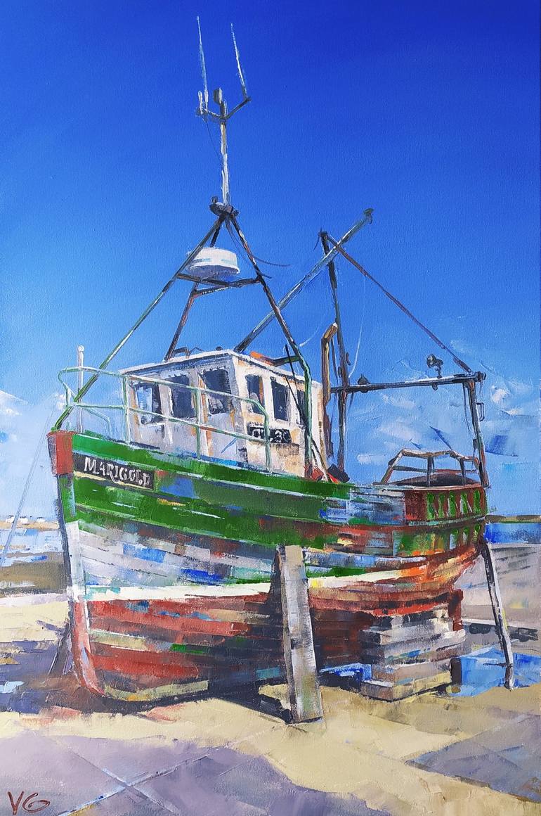 FISHING BOAT Original Oil painting Large Handmade artwork One of a kind  Dock landscape on canvas fine art Painting by Volodymyr Glukhomanyuk