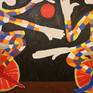 Clowns juggling and riding unicycle. Acrylic, oil sticks on canvas.