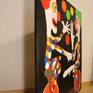 Clowns juggling and riding unicycle. Acrylic, oil sticks on canvas.