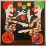 Clowns juggling and riding unicycle. Acrylic, oil sticks on canvas.