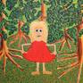 Girl in red dress standing in front of trees. Acrylic on canvas.