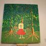 Girl in red dress standing in front of trees. Acrylic on canvas.