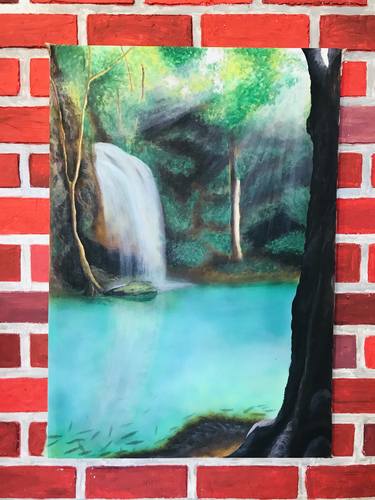 Natural waterfall realistic wall art painting. Live painting. Handpaint combination of airbrush and paint brushes. Acrylic. nature love. thumb