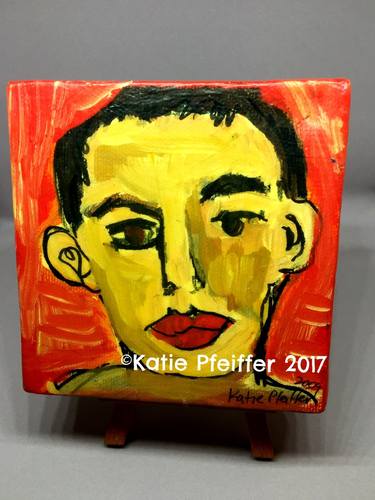 Miniature Mini Portrait Painting named HAL with Wood Stand thumb