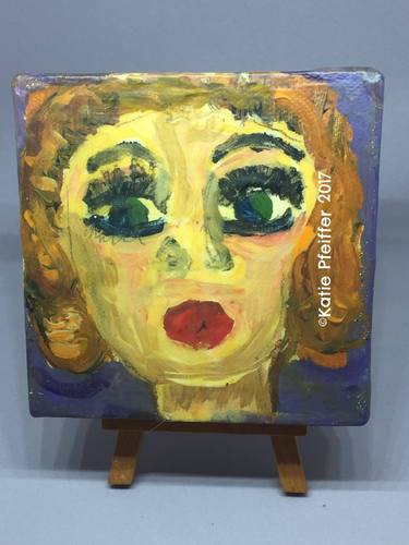 Miniature Mini  Portrait Painting BETTE with Wood Stand thumb