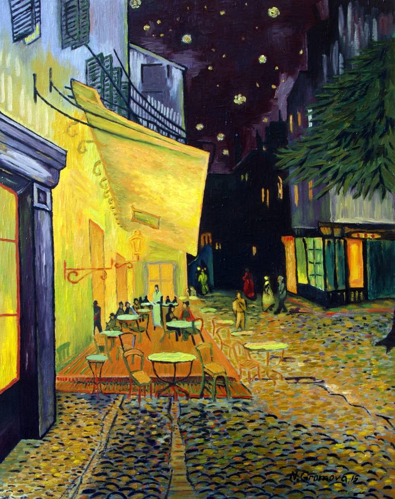 Vincent van Gogh - Cafe Terrace at Night - Dripping Watercolor Remake Art  Version by Vincent van Gogh