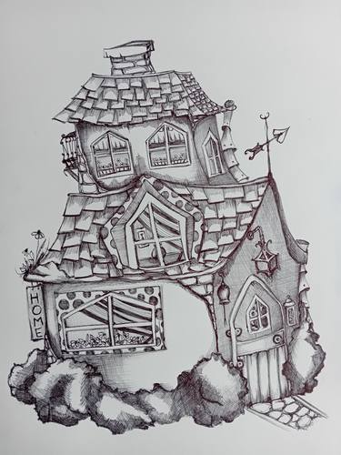 Houses composition #5 graphic illustration by ballpoint pen thumb