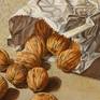 I create this composition several years ago.
 I took a shot of the scene and after I painted the subject with oil color on canvas.
I focused my attention only on the "protagonists" with a neutral/absent background. I wished to give emphasis to the paper bag folds and nutshells.