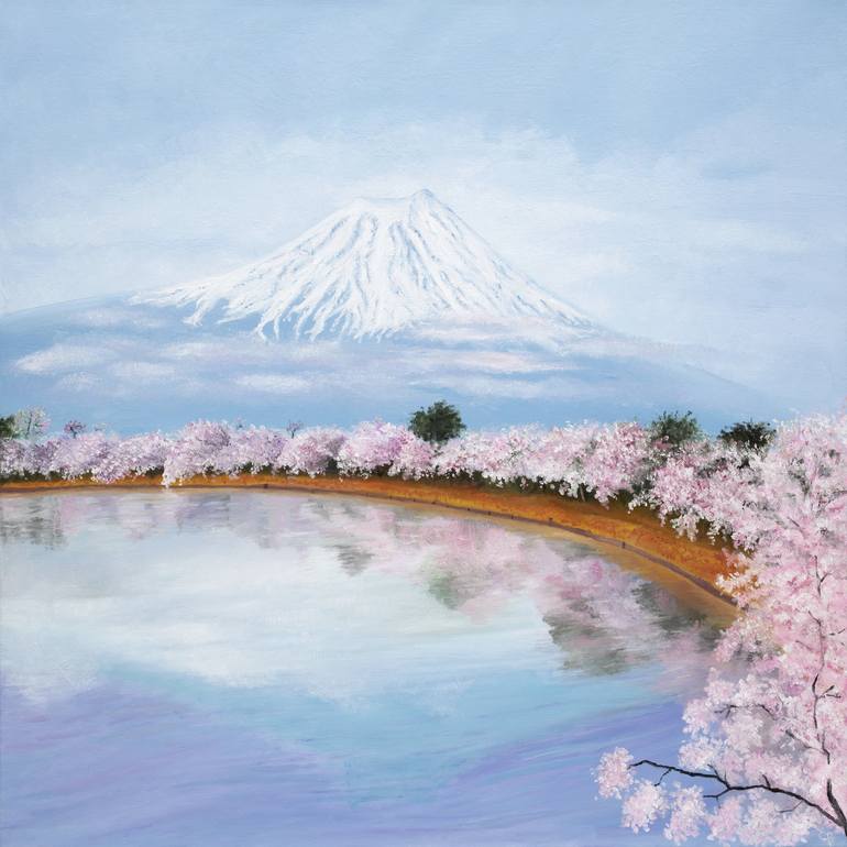 Mount Fuji with Sakura Painting by Cinnabar Artistry | Saatchi Art