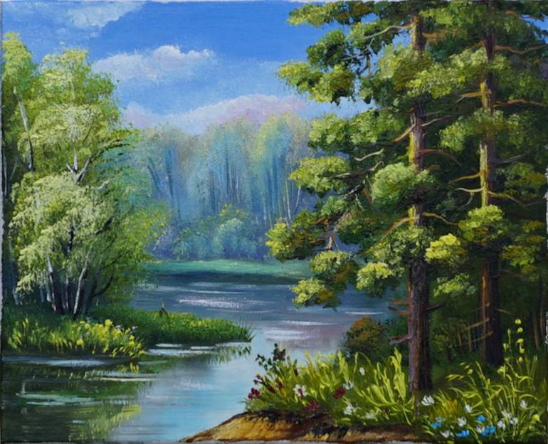 Coniferous forest with river Painting by Oleksiy Minkach | Saatchi Art