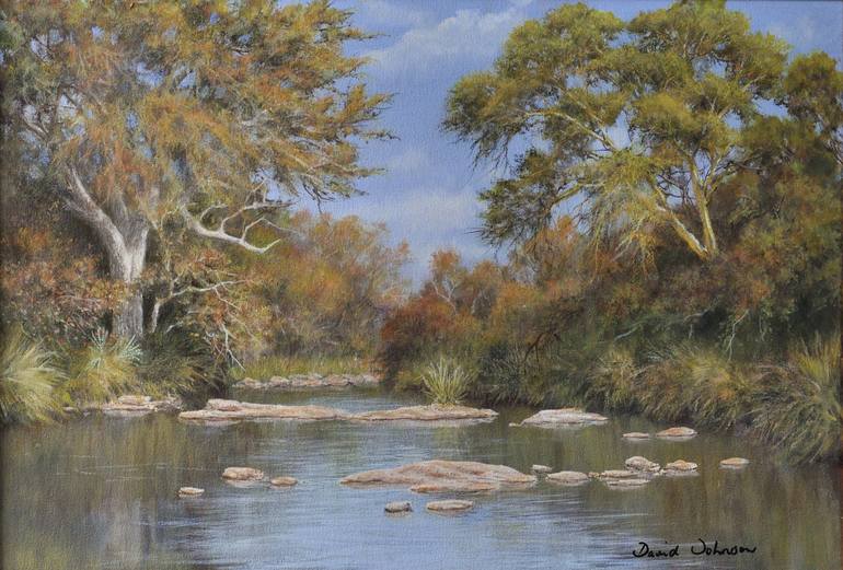 BUSHVELD POOL WITH LEADWOOD AND FEVER TREES Painting by David Johnson ...