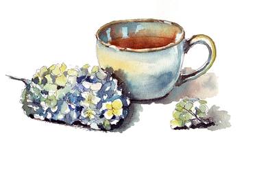 Blue tea cup with hydrangeas thumb