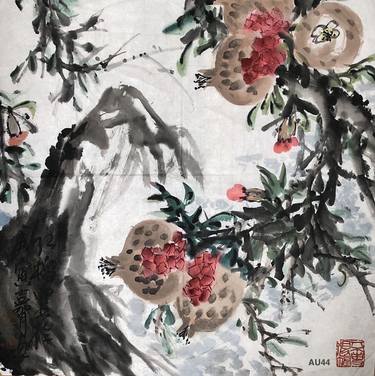 AU44 Red Pomegranate - Original Asian Art Ink Painting On The Rice Paper thumb