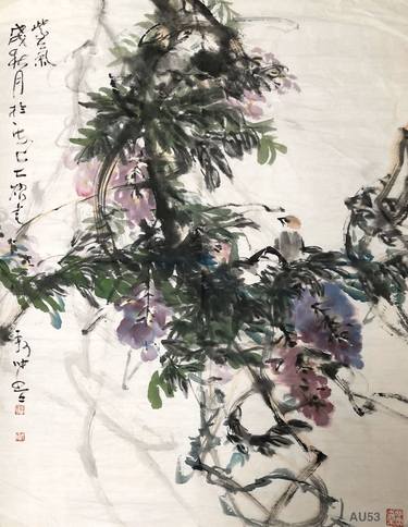 AU53 Purple Clouds - Original Asian Art Ink Painting On The Rice Paper thumb