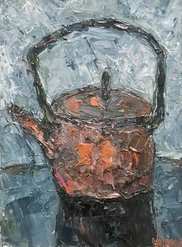 Teapot Impasto Oil Painting On Canvas Kitchen Still Life thumb