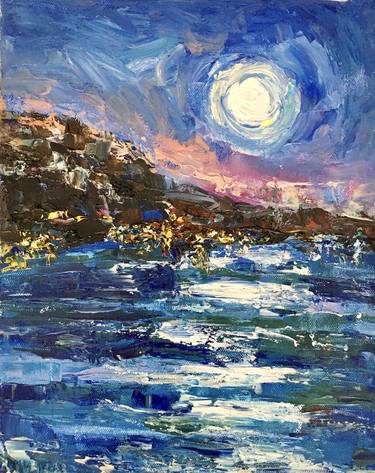 Full Moon Oil Painting On Canvas Italy Seascape thumb