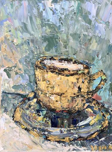 Golden Coffee Cup Impasto Oil Painting On Canvas thumb