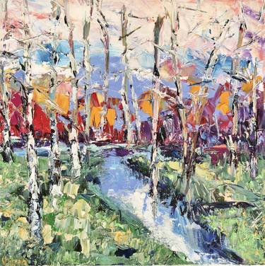 Trees By River Impasto Oil Painting On Canvas thumb