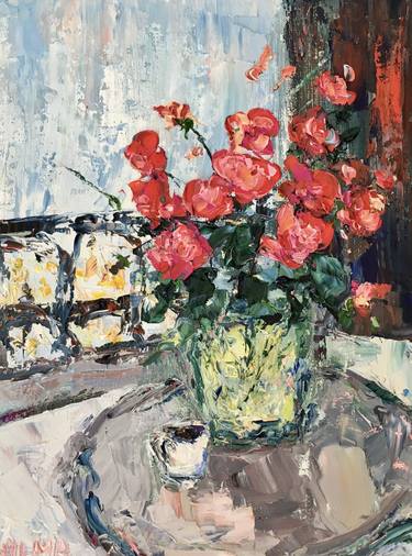 Red Flowers Bouquet Oil Painting On Canvas Board Still Life Art thumb