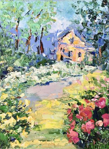 Summer Garden Oil Painting On Canvas Original Flowers Landscape thumb