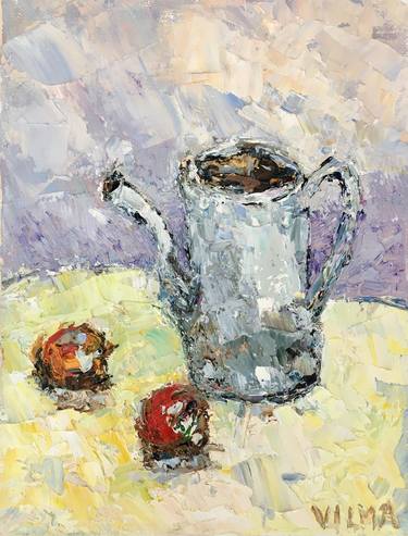 Teapot And Apples Impasto Oil Painting On Canvas Still Life Art thumb