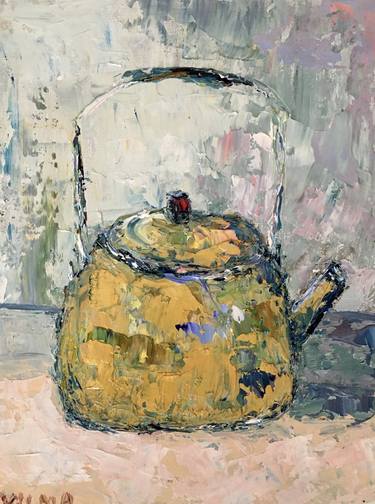 Golden Teapot Oil Painting On Canvas Board Original Kitchen Art thumb