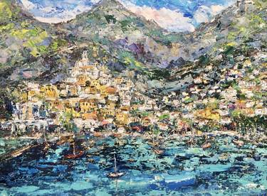 Large Amalfi Coast Impasto Oil Painting On Canvas Italy Seascape thumb