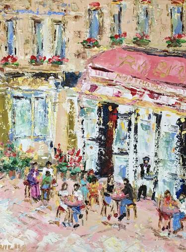 Montmartre Paris Cafe Oil Painting On Canvas French Cityscape thumb