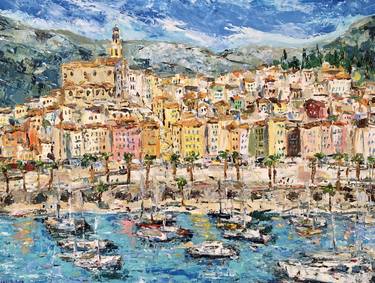 Large Menton Coast Oil Painting On Canvas France Seascape Artwork thumb