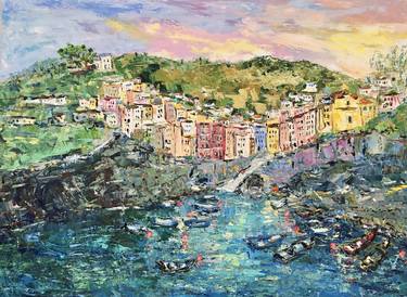 Riomaggiore Cinque Terre Italian Landscape Oil Painting On Canvas thumb