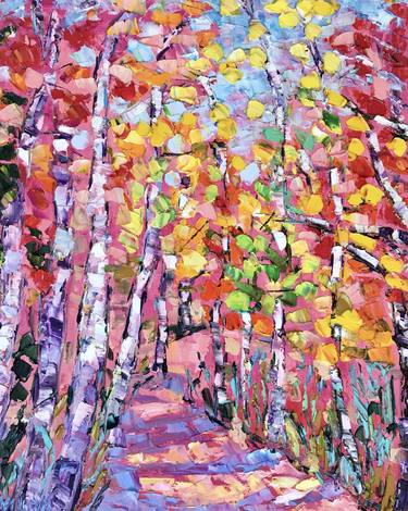 Trees Path Impasto Oil Painting On Canvas Sunny Landscape thumb