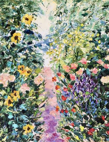 Blooming Garden Path Impasto Oil Painting On Canvas Floral Decor thumb