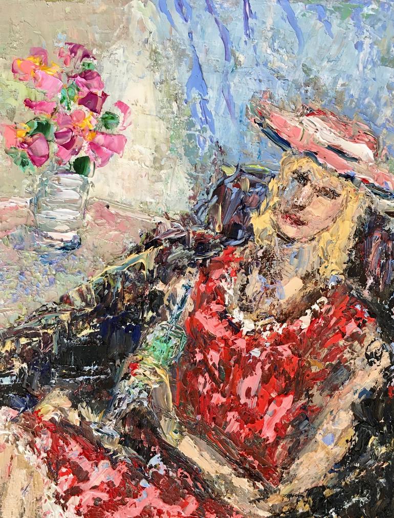 Original Women Painting by Vilma Gataveckiene | Impressionism Art on Canvas | Woman With Red Hat Oil Painting On Canvas Board Female Figure