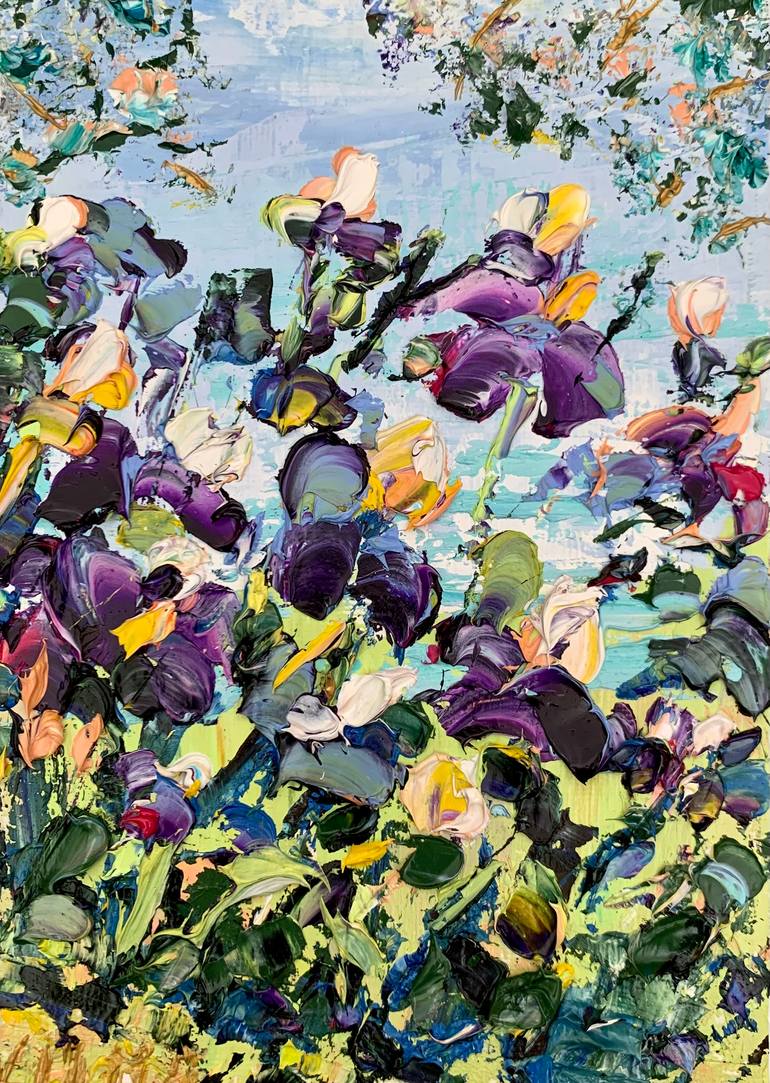 Irises Flowers by the Pond Landscape Oil Painting On Canvas Board ...