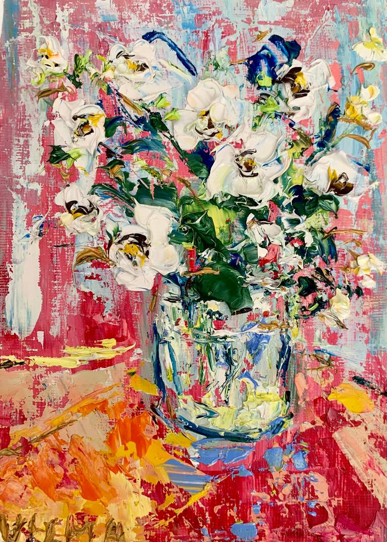 Original Floral Painting by Vilma Gataveckiene | Impressionism Art on Canvas | Bouquet of White Flowers Oil Painting On Canvas Board Bright Art