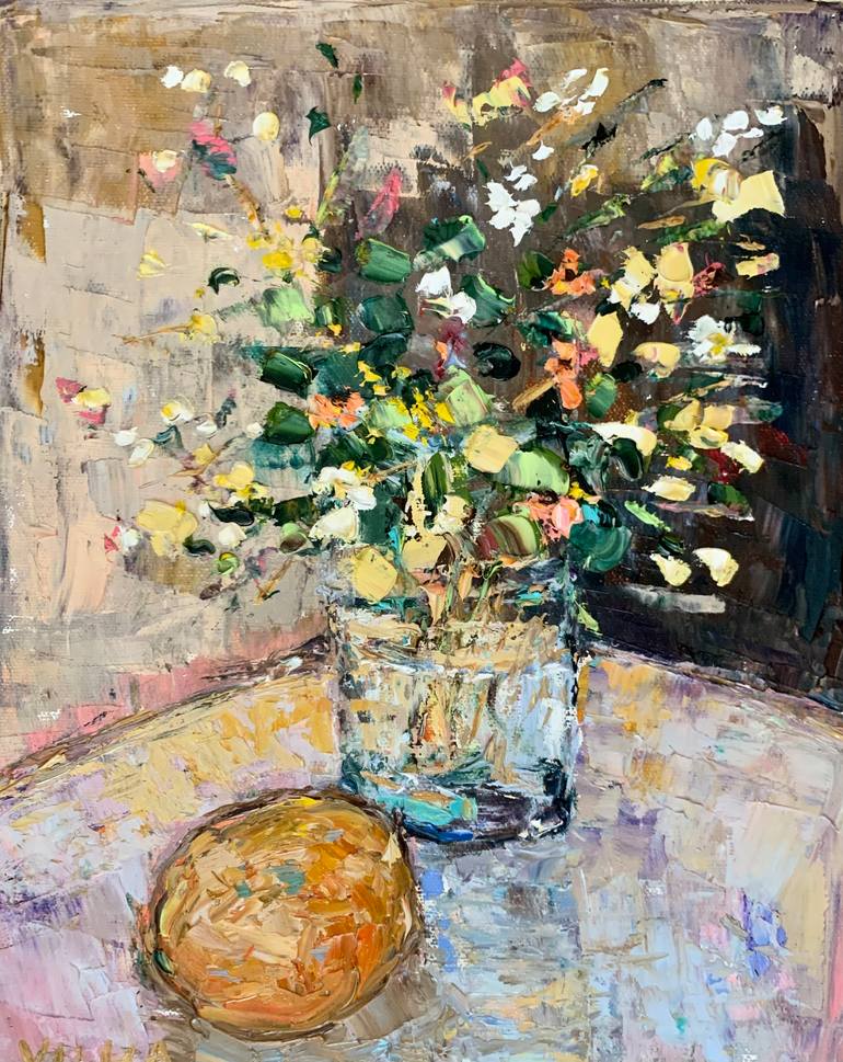 Original Floral Painting by Vilma Gataveckiene | Impressionism Art on Canvas | Still Life with Orange Oil Painting On Canvas Bouquet of Flowers