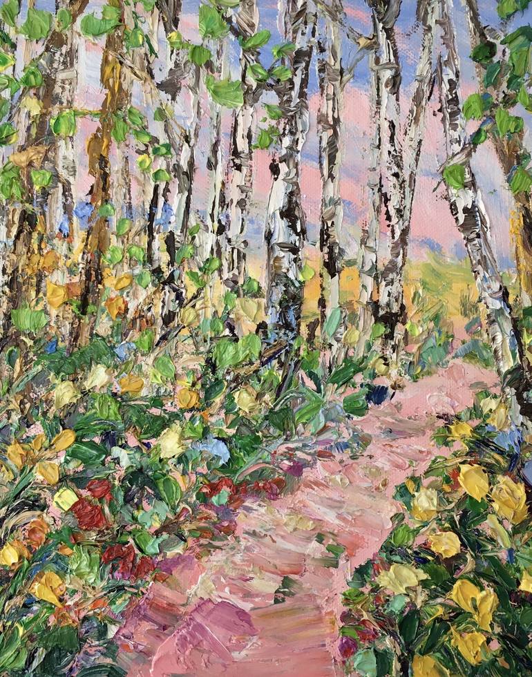 Impressionist oil painting landscape birches in the field, signed