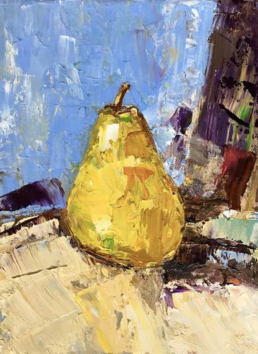 Yellow Pear Still Life Oil Painting On Canvas Original Signed Fruit Kitchen Wall Art Decor thumb