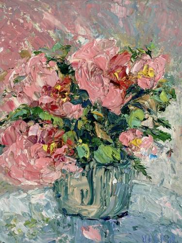 Pink Peonies Flowers Impasto Oil Painting On Canvas Original Signed Peony Bouquet Floral Wall Art Decor thumb
