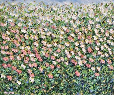Cosmos Flowers Field Oil Painting On Canvas Original Signed Floral Wall Art Decor thumb