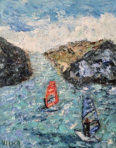 Windsurfing Oil Painting On Canvas Torbole Sul Garda Italy Art thumb