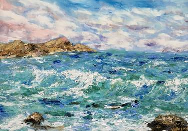 Waves Ocean Impasto Oil Painting On Canvas Original Signed Coastal Seascape Canvas Wall Art thumb