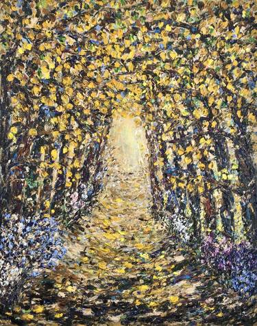 Tree Tunnel Path Impasto Oil Painting On Canvas Original Signed Autumn Scenes Wall Art Decor thumb