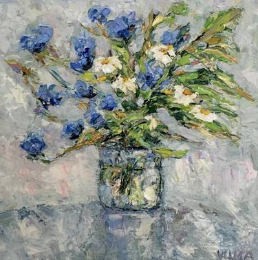 Cornflowers and daisies bouquet Impasto Oil Painting On Canvas Original Signed Floral Wall Art Decor thumb